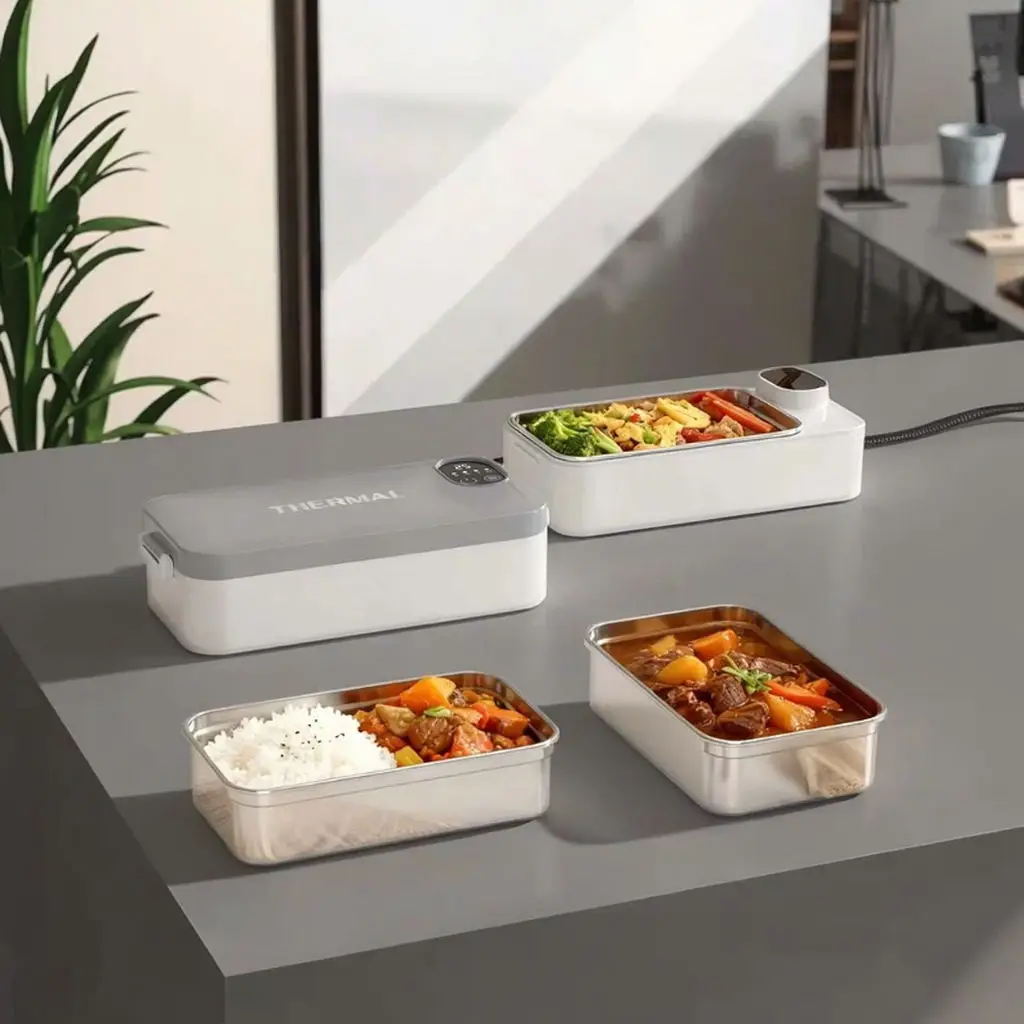 Stainless Steel Battery-Powered USB Waterless Heating Insulated 1L Push Button Control Bento Lunch Box